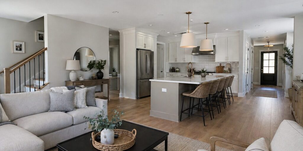 Remodeled open-concept home interior with modern kitchen, island seating, wood floors, and cozy living room.