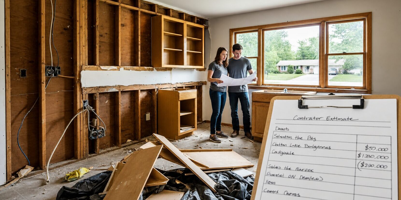 Couple reviewing renovation plans in a partially remodeled kitchen with exposed framing and debris.