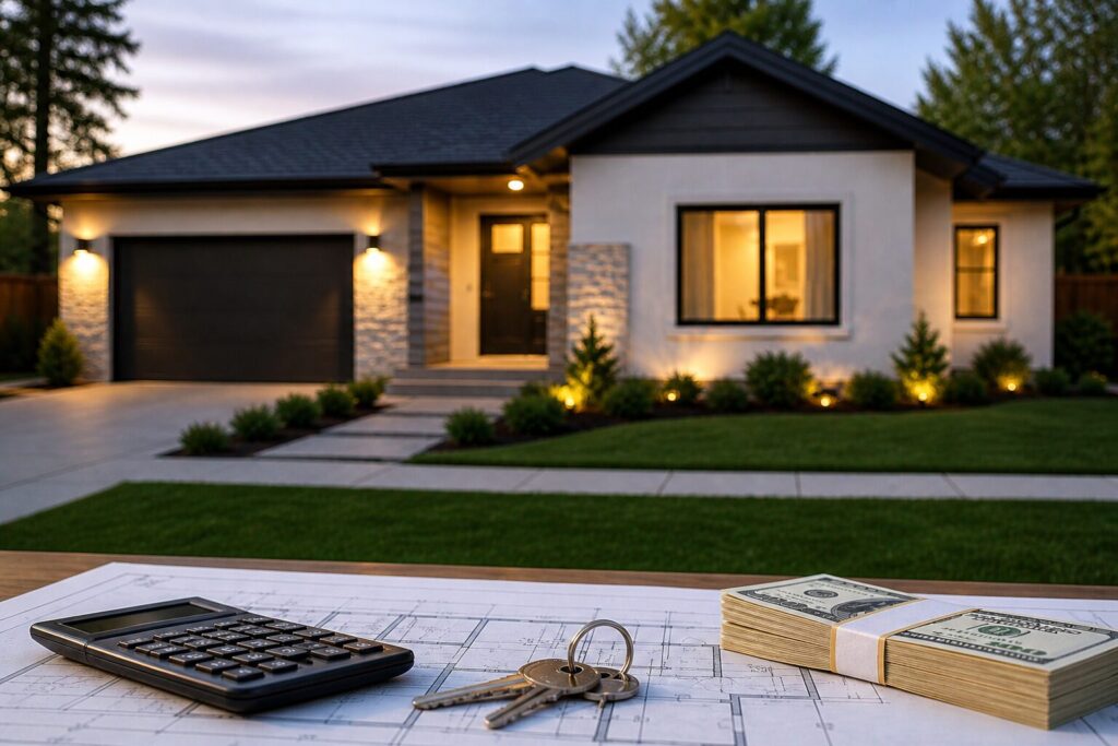 Modern home exterior with plans, calculator, keys, and cash in foreground.